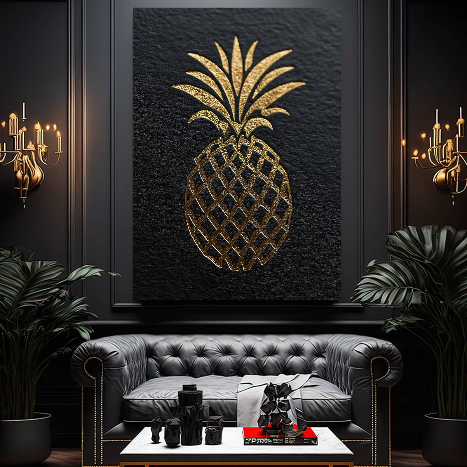 Golden Pineapple Slate Fruit Canvas Art – styled in a furnished interior