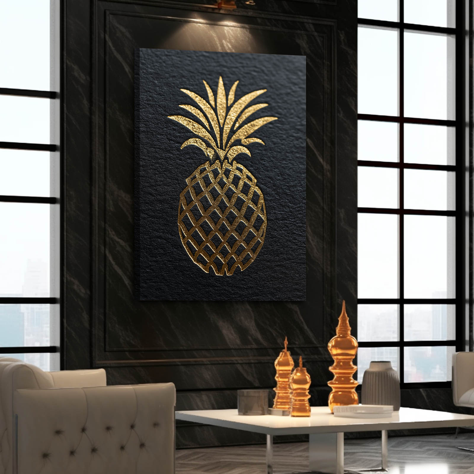 Golden Pineapple Slate Fruit Canvas Art – styled in a furnished interior