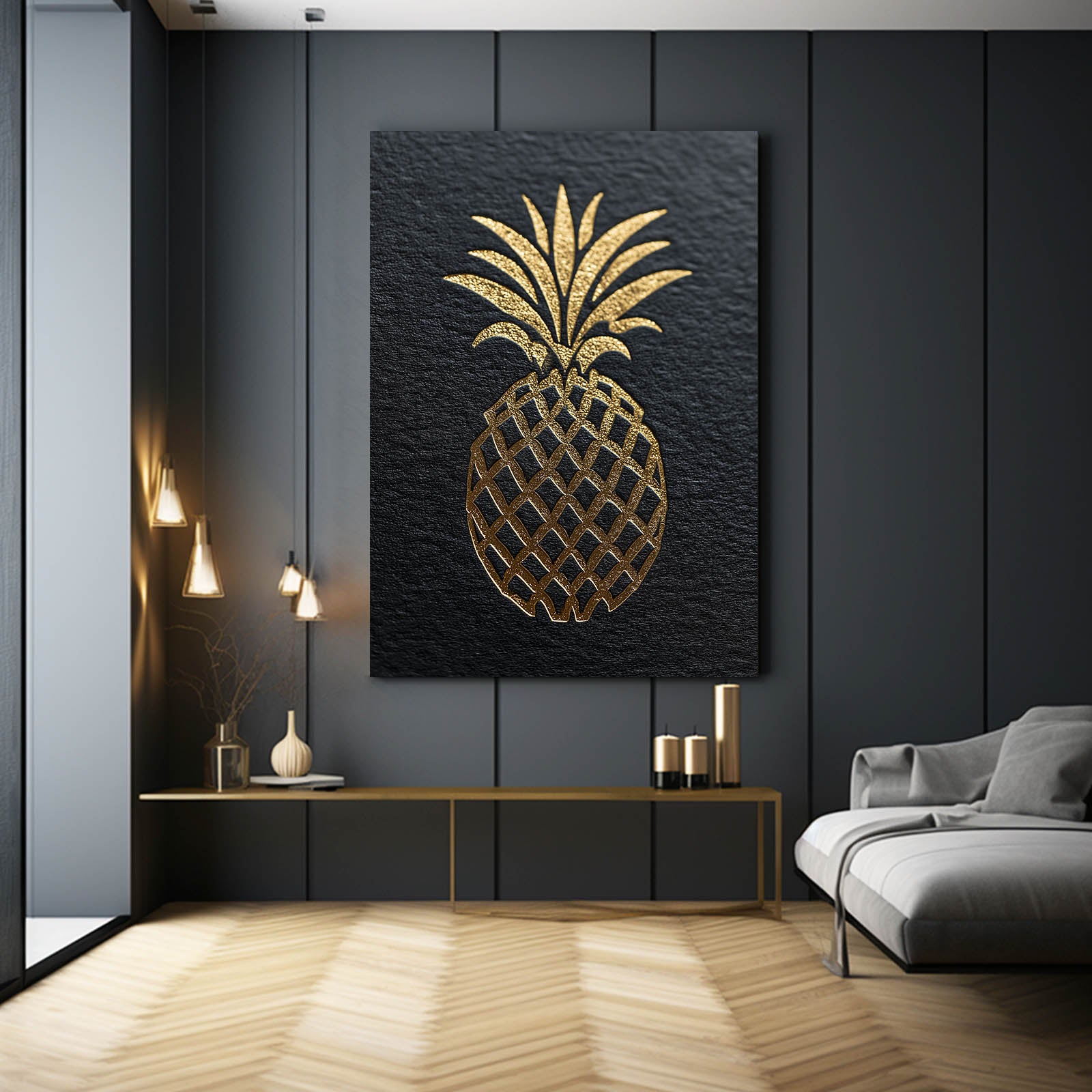 Golden Pineapple Slate Fruit Canvas Art – styled in a furnished interior