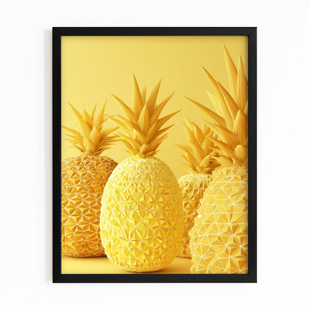 Golden Pineapple Trio Fruit Wall Art – with Premium Black frame on white background