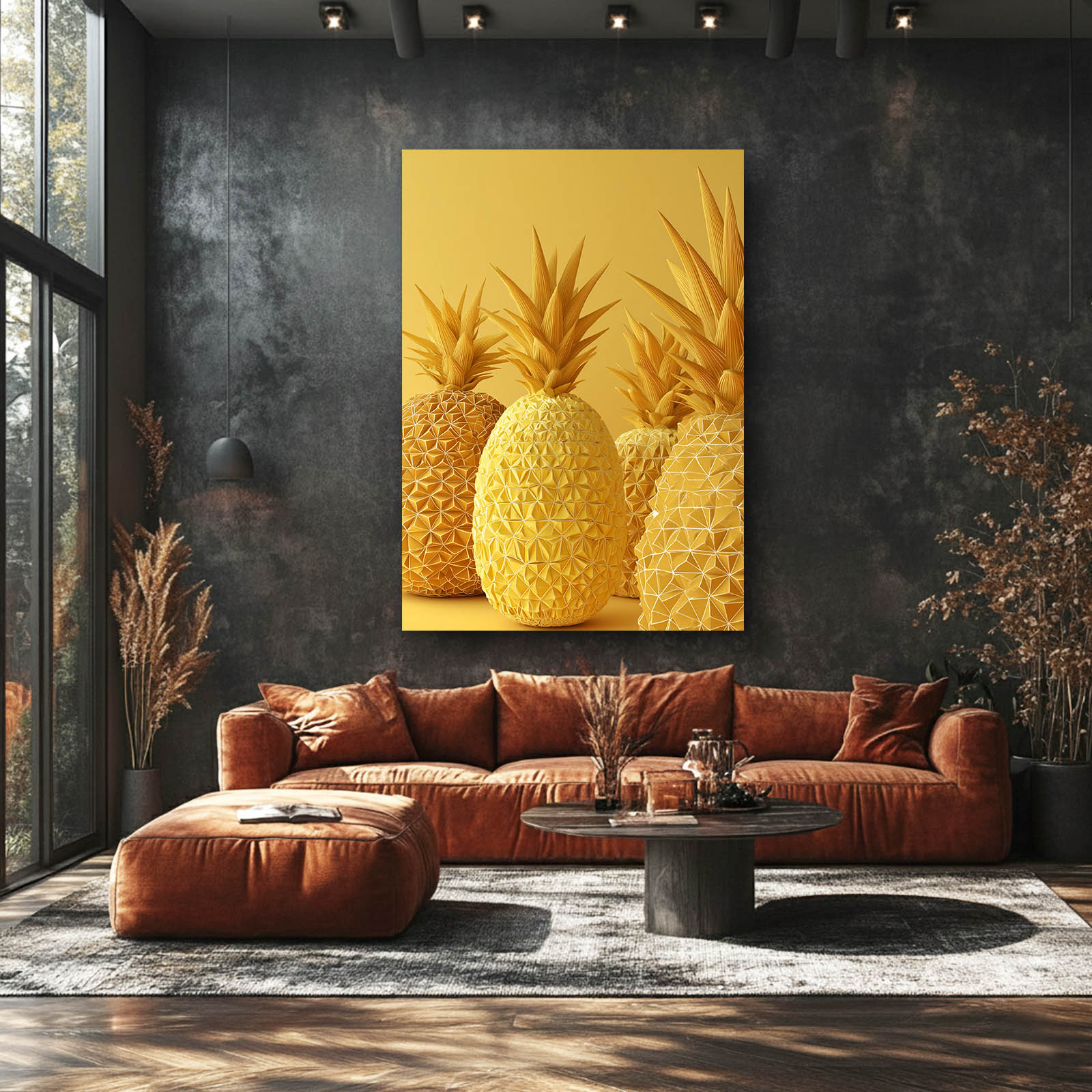 Golden Pineapple Trio Fruit Wall Art – styled in a furnished interior