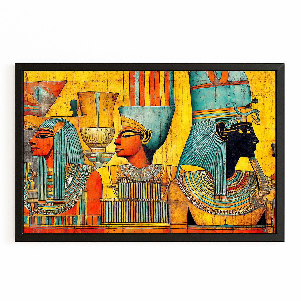 Golden Procession Scene Egyptian Prints – with Premium Black frame on white background