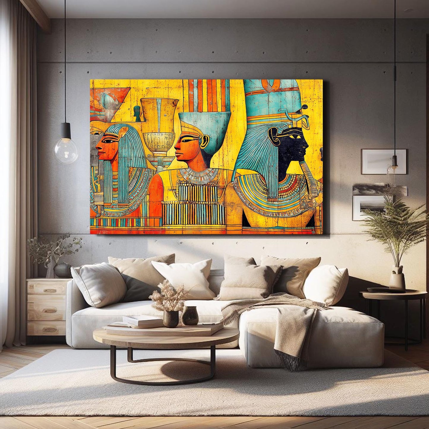 Golden Procession Scene Egyptian Prints – styled in a furnished interior