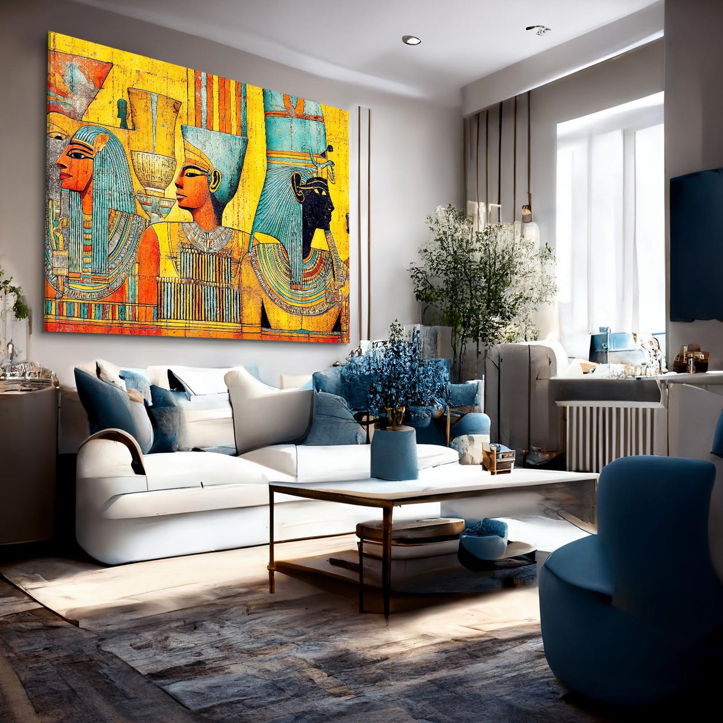 Golden Procession Scene Egyptian Prints – styled in a furnished interior
