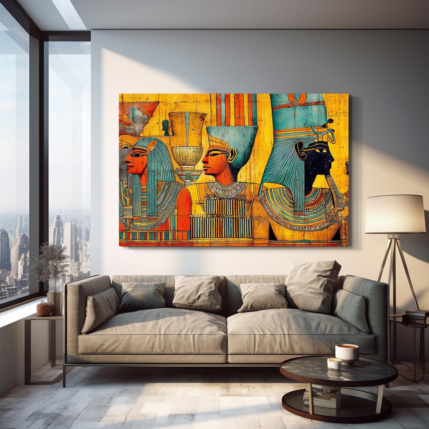 Golden Procession Scene Egyptian Prints – styled in a furnished interior