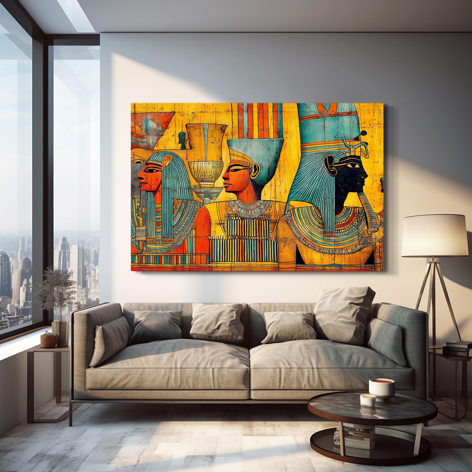 Golden Procession Scene Egyptian Prints – styled in a furnished interior