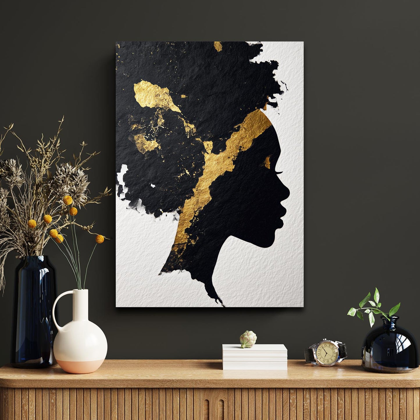 Golden Profile Silhouette Art – styled in a furnished interior
