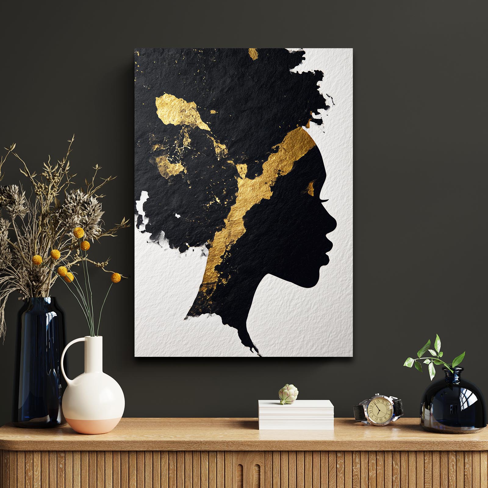 Golden Profile Silhouette Art – styled in a furnished interior
