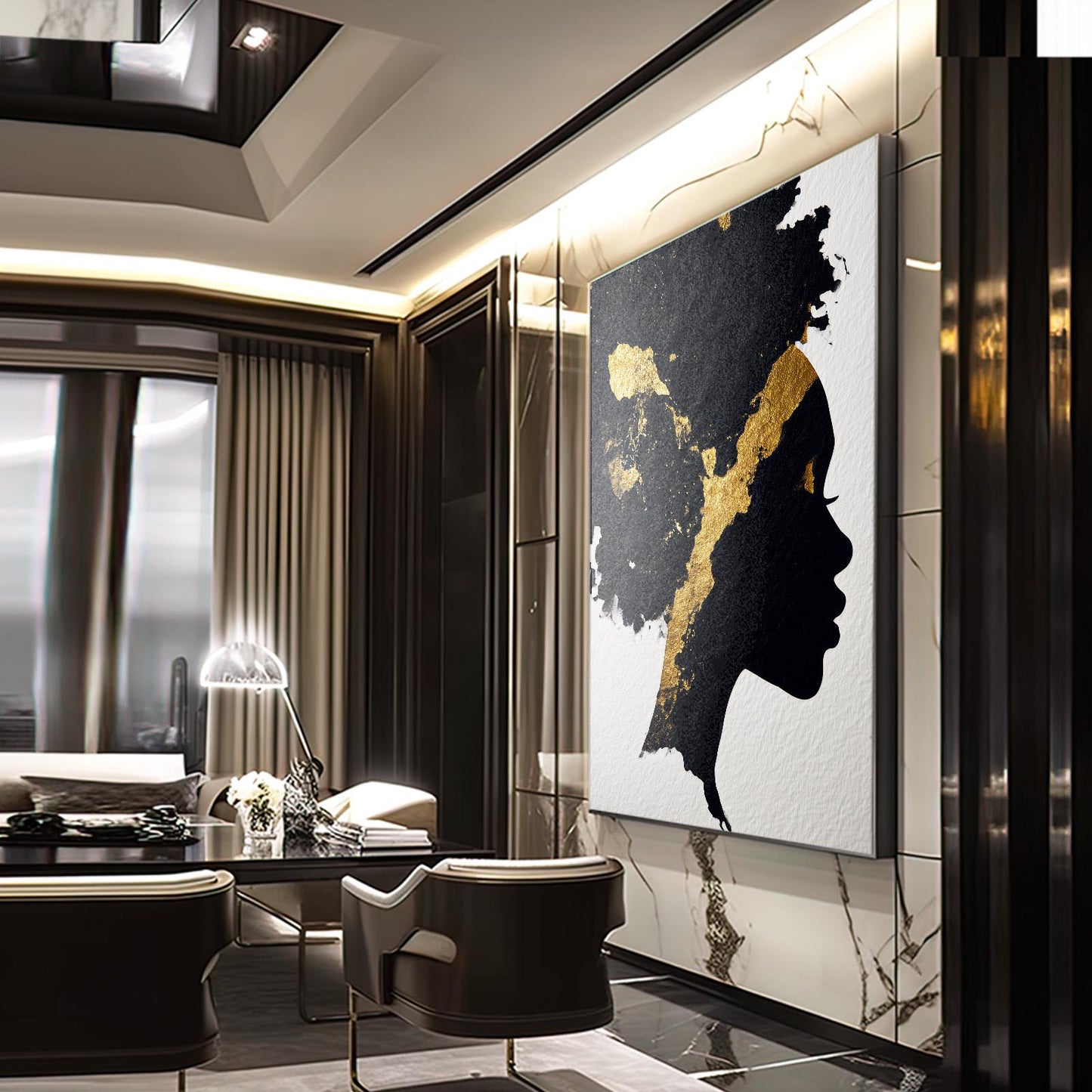Golden Profile Silhouette Art – styled in a furnished interior