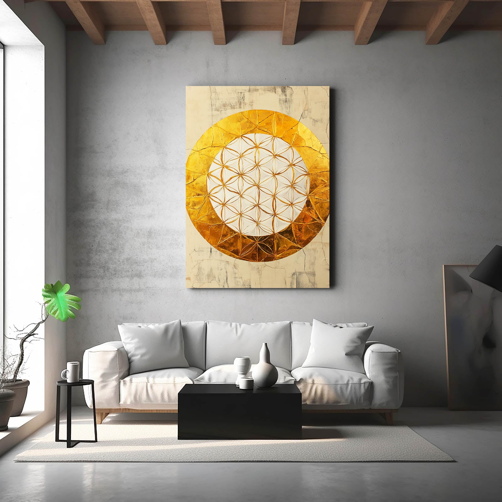 Golden Ring Bloom Flower Of Life Art – styled in a furnished interior