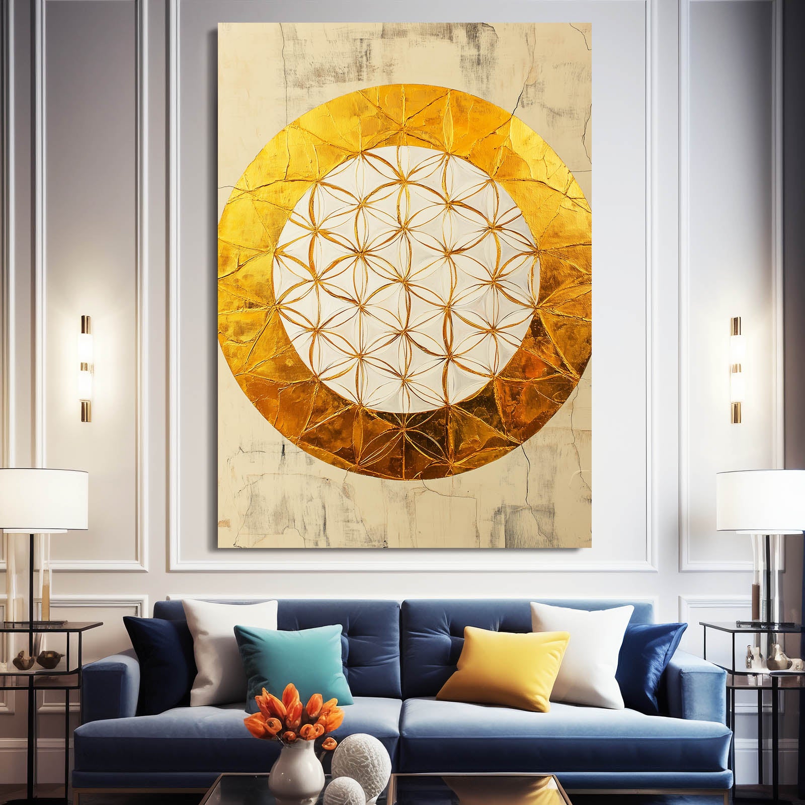 Golden Ring Bloom Flower Of Life Art – styled in a furnished interior