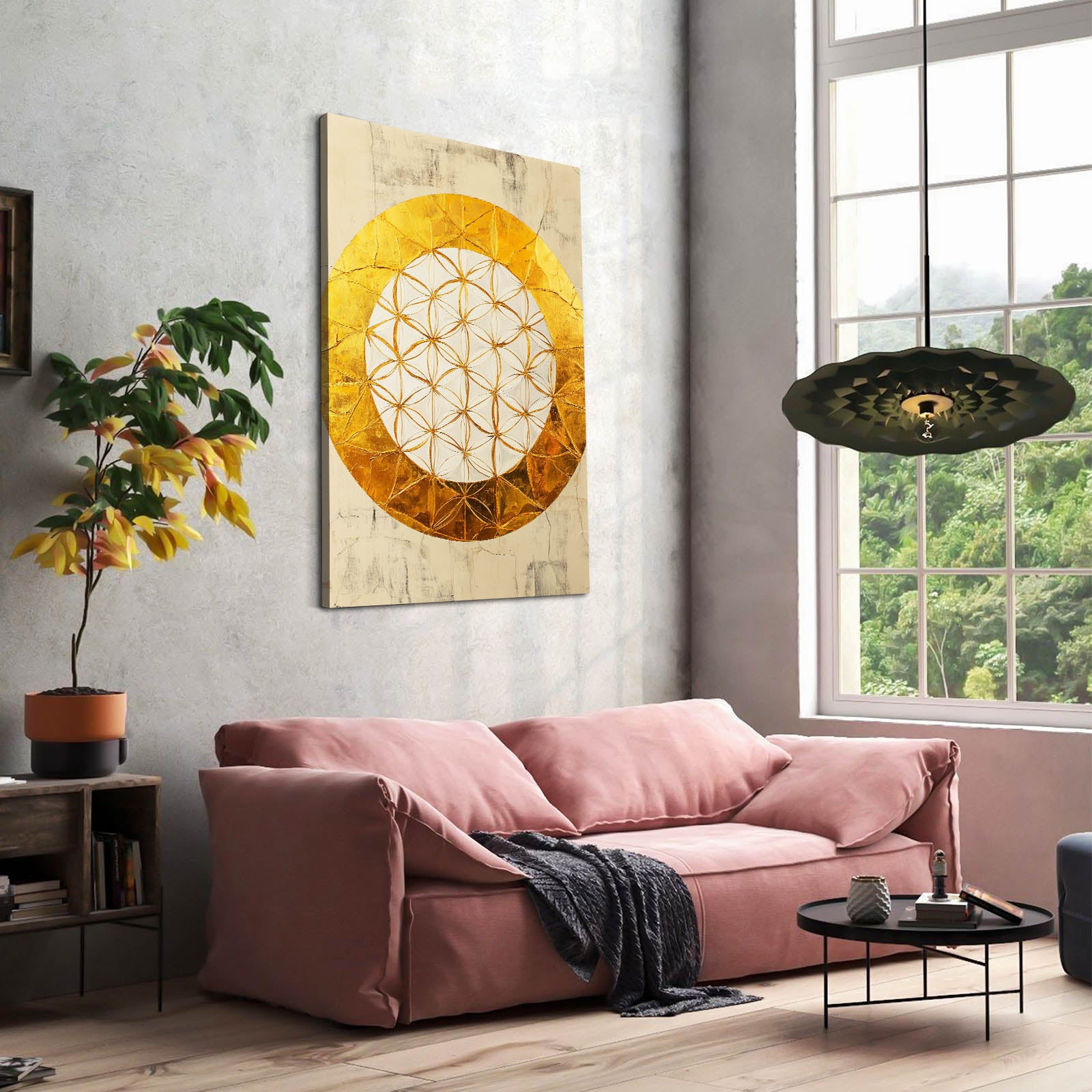 Golden Ring Bloom Flower Of Life Art – styled in a furnished interior