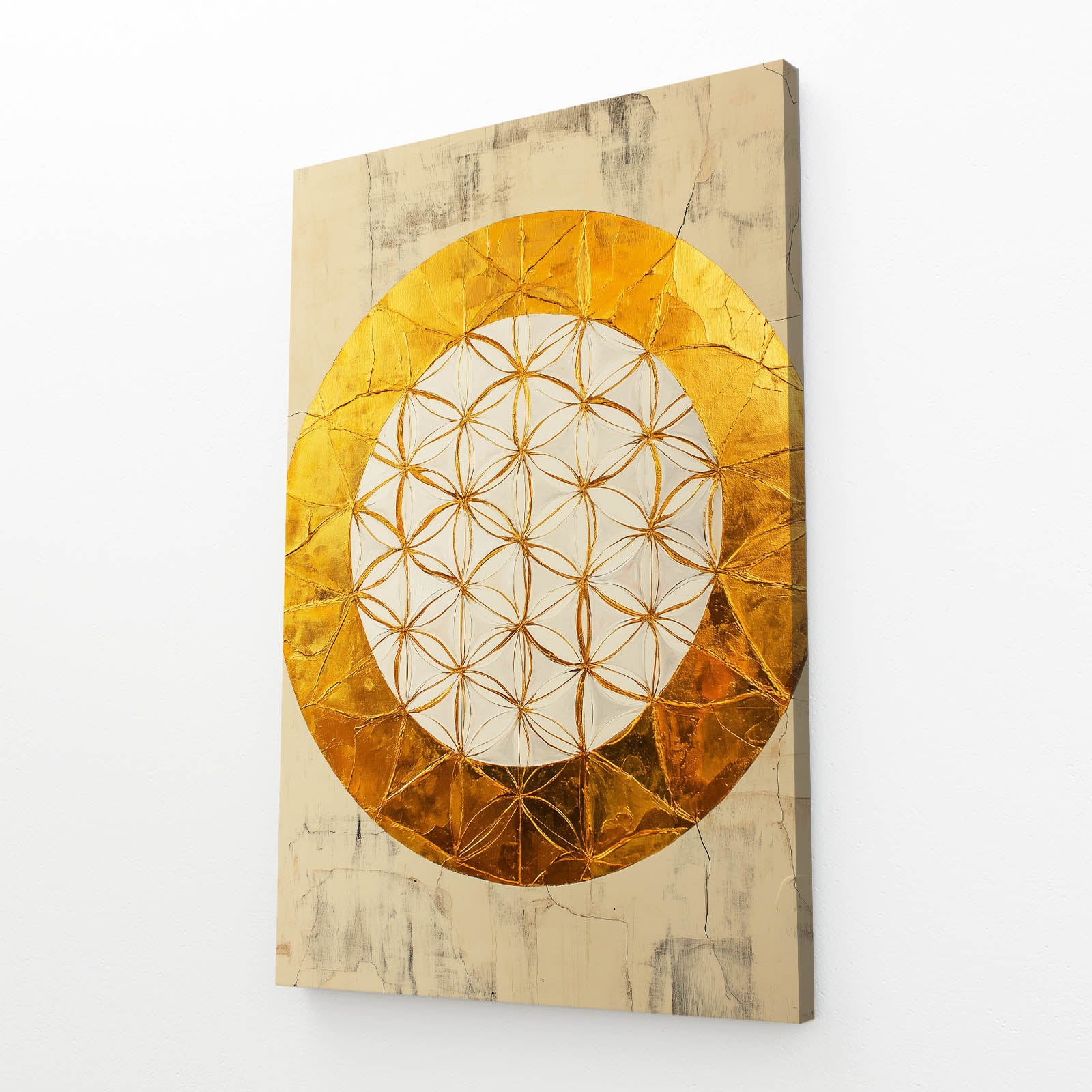 Golden Ring Bloom Flower Of Life Art – angled canvas view on white background