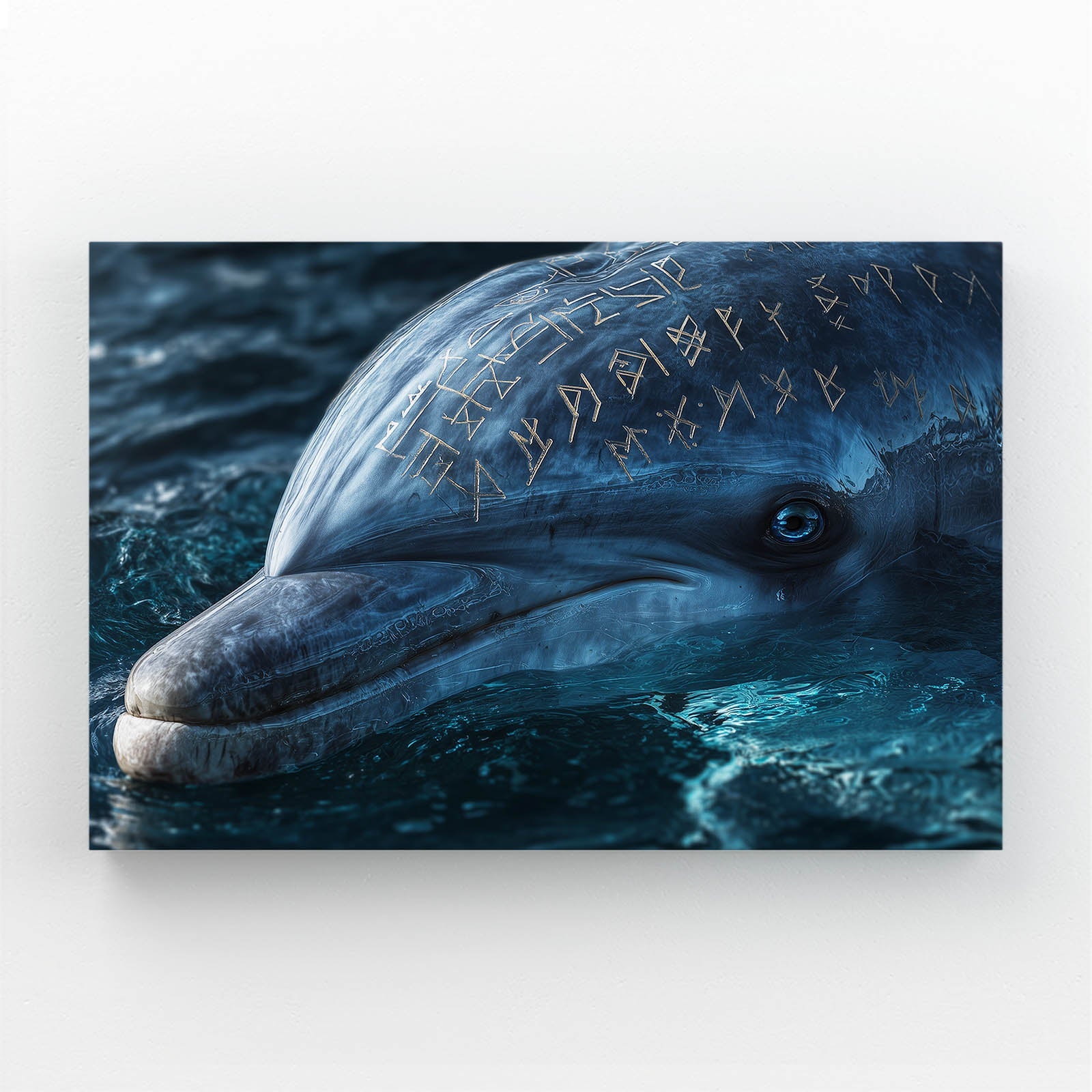 Golden Rune Dolphin Canvas – dolphin head close-up in deep-sea shadow marked with glowing golden runes