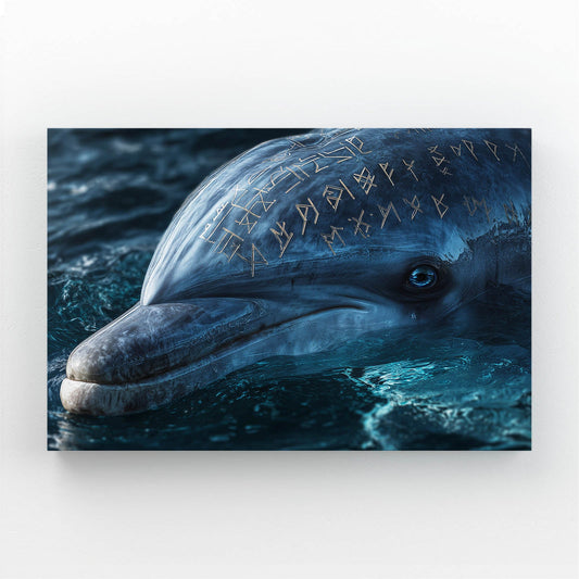 Golden Rune Dolphin Canvas – dolphin head close-up in deep-sea shadow marked with glowing golden runes