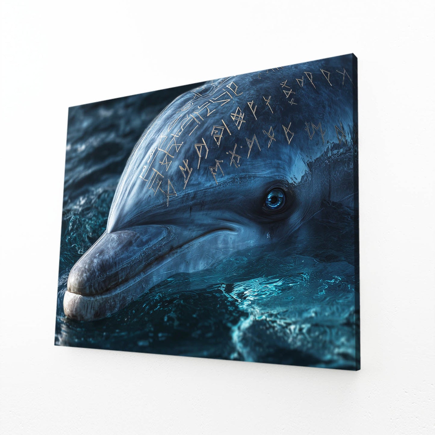 Golden Rune Dolphin Canvas – angled canvas view on white background
