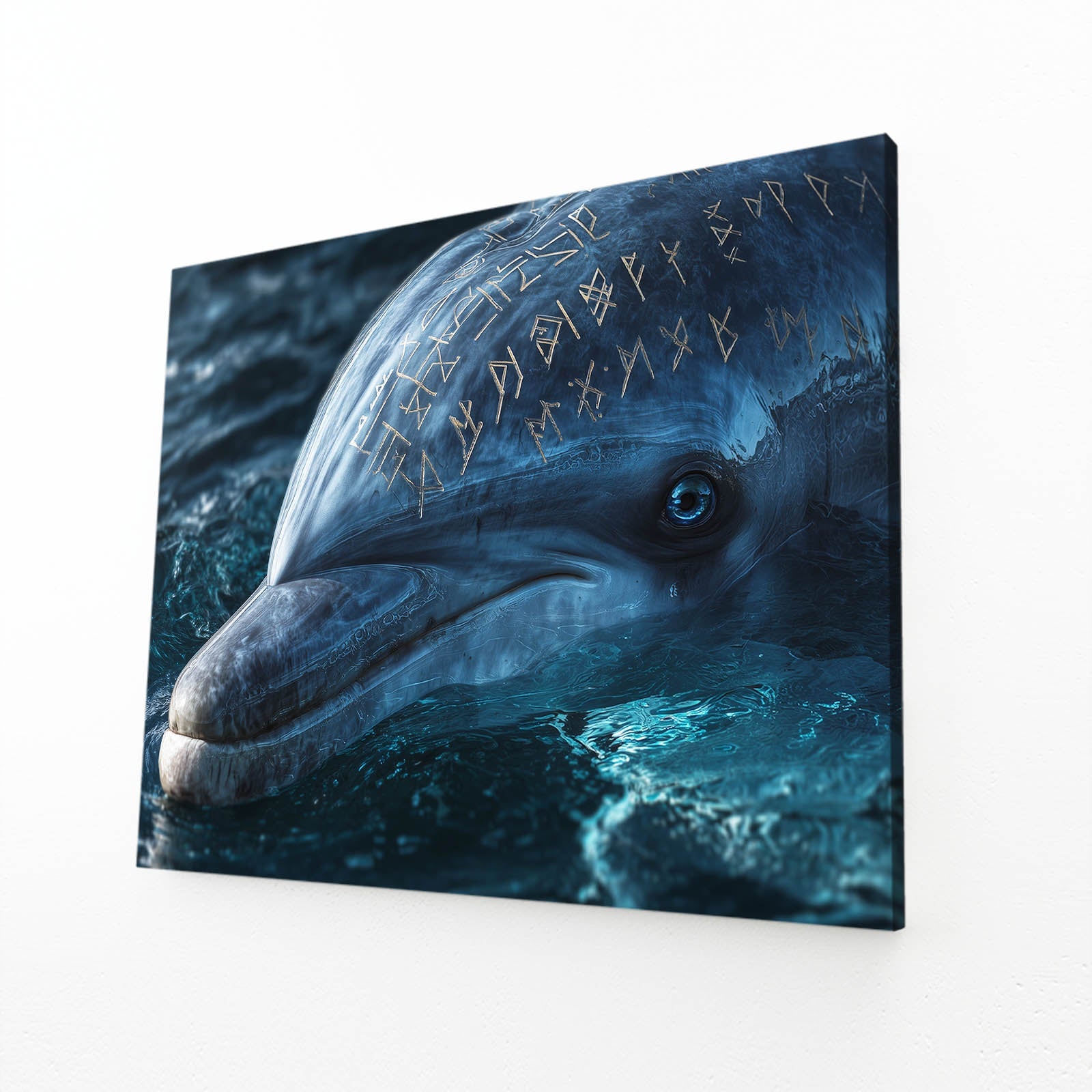 Golden Rune Dolphin Canvas – angled canvas view on white background