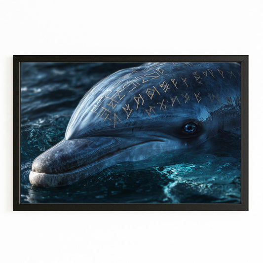 Golden Rune Dolphin Canvas – with Premium Black wood frame on white background