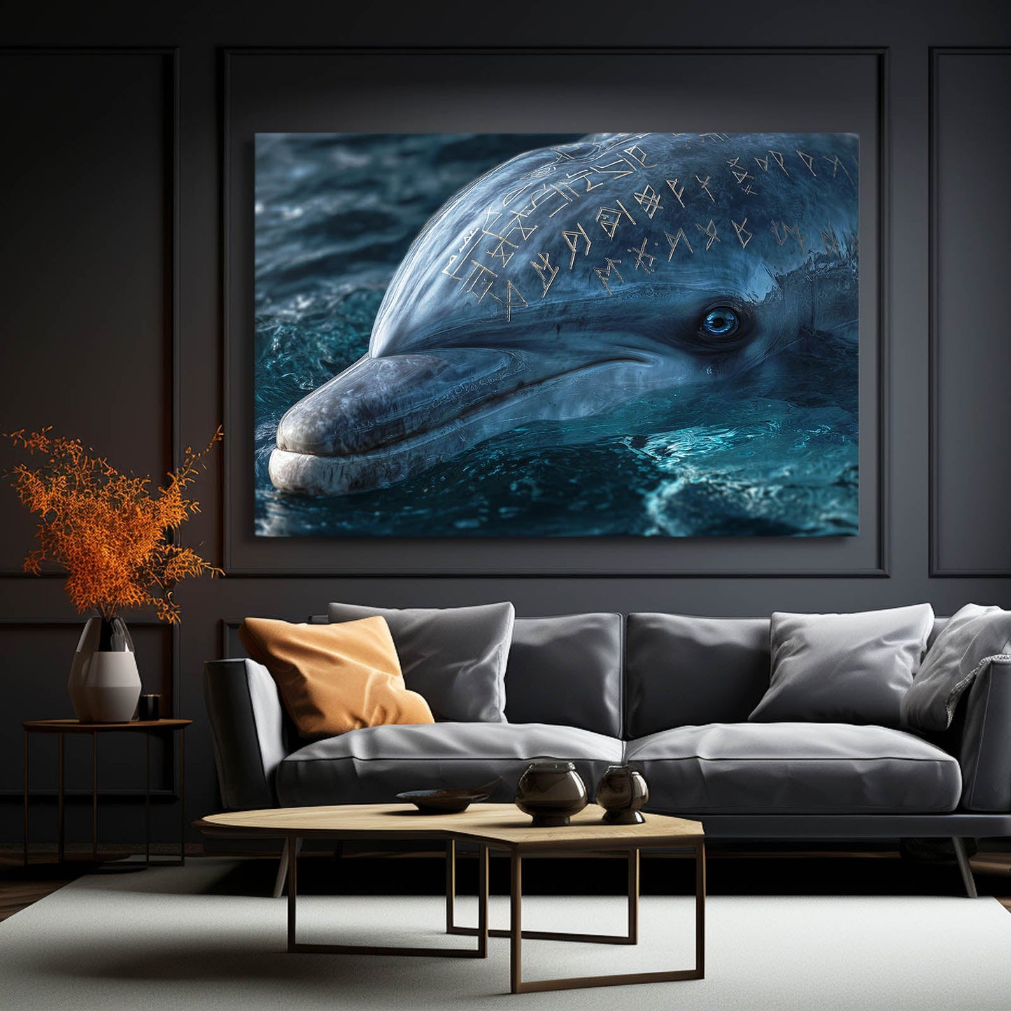 Golden Rune Dolphin Canvas – styled in a furnished interior