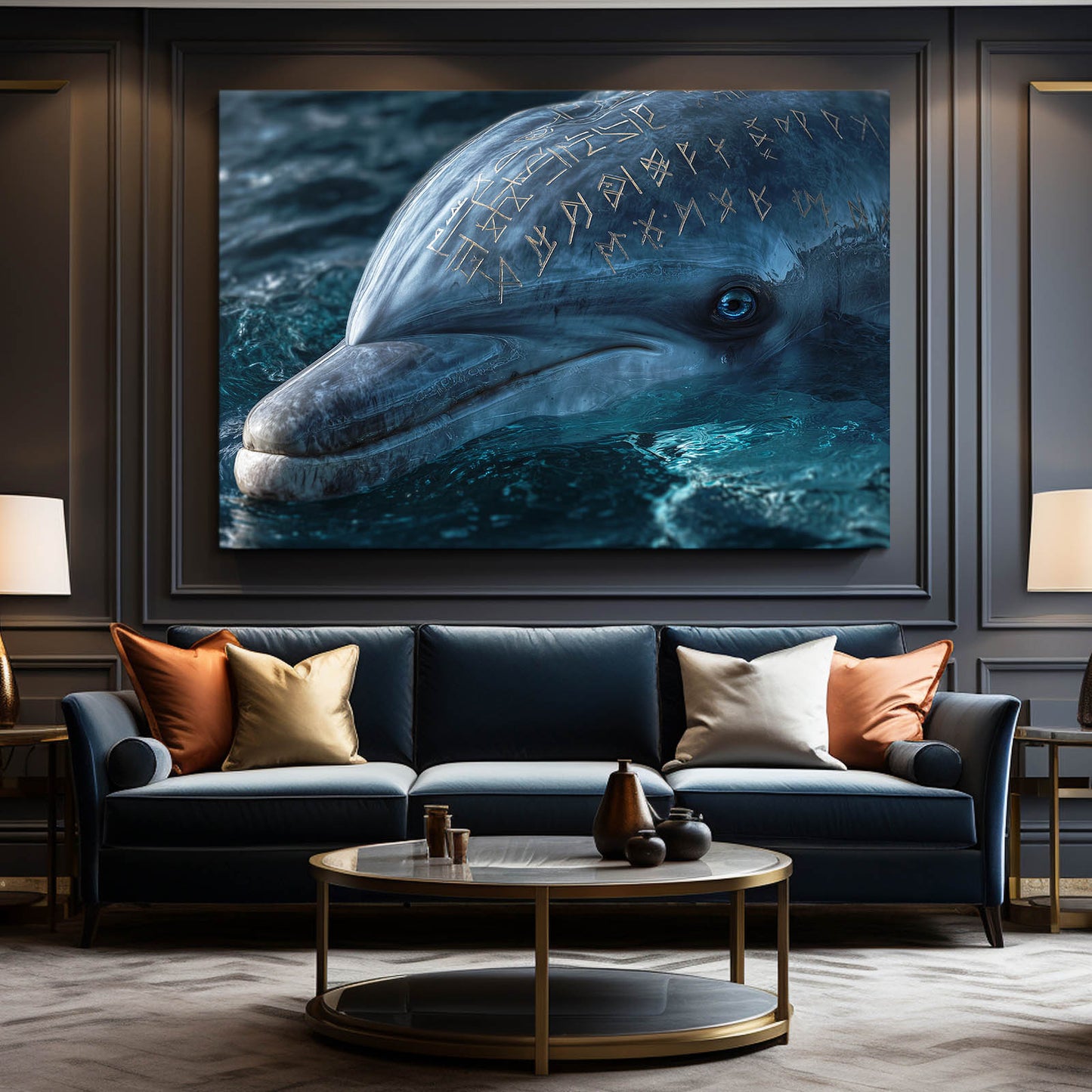 Golden Rune Dolphin Canvas – styled in a furnished interior
