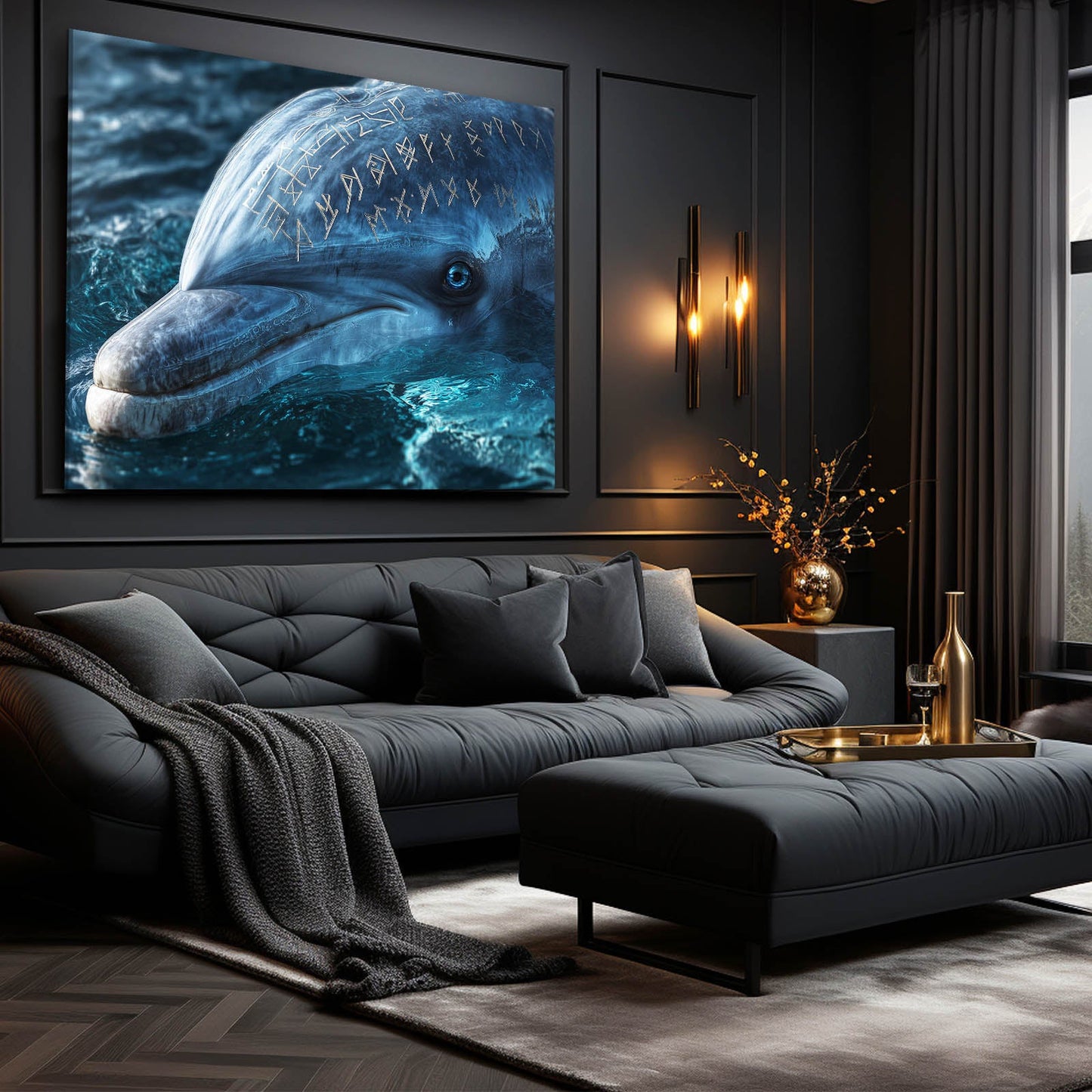 Golden Rune Dolphin Canvas – styled in a furnished interior
