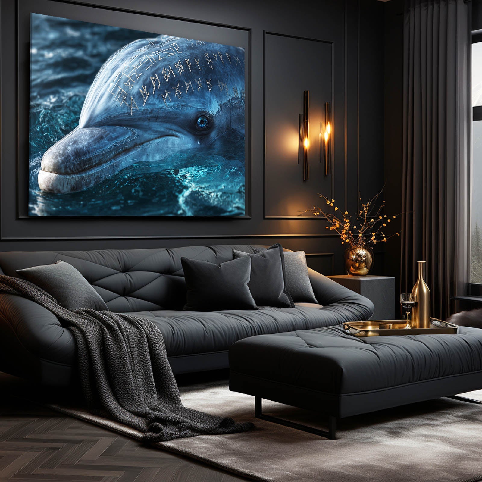 Golden Rune Dolphin Canvas – styled in a furnished interior