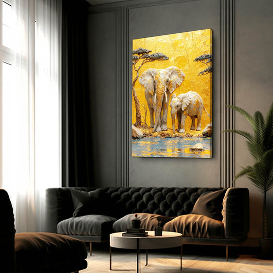 Golden Safari Elephant Duo Art — luxury canvas print in orange tones, view 3