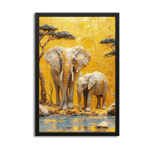 Golden Safari Elephant Duo Art — luxury canvas print in orange tones, with Premium Black frame on white background