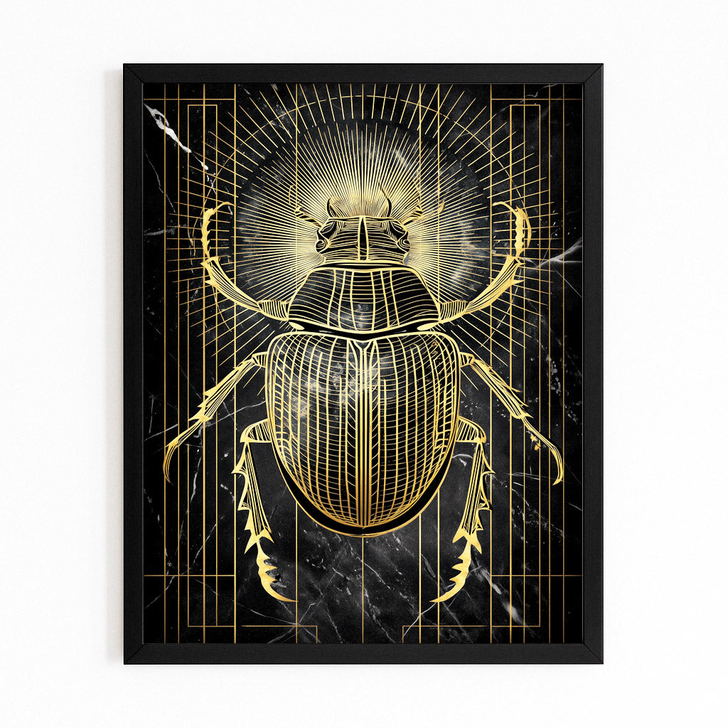 Golden Scarab Beetle Egyptian Prints – with Premium Black frame on white background