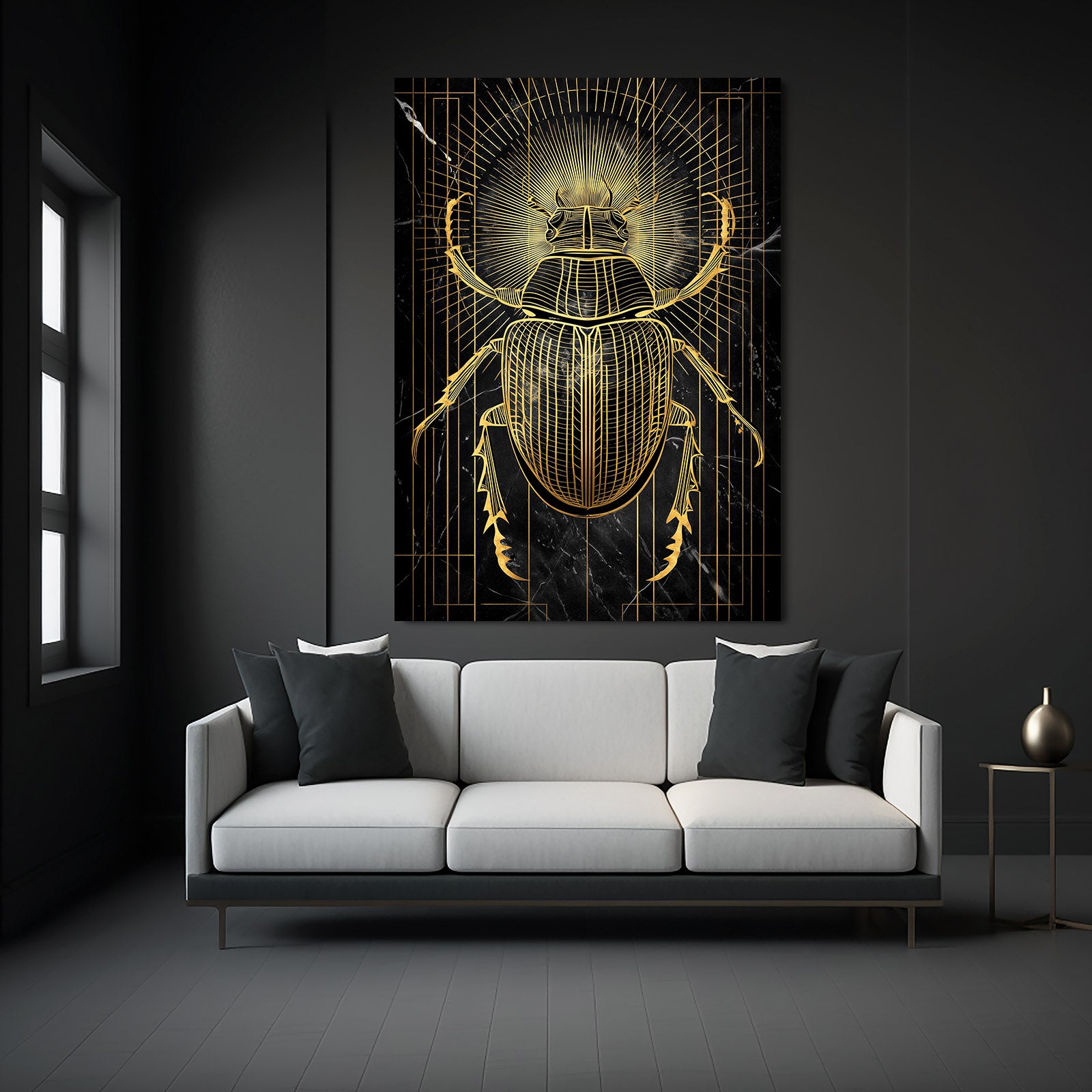 Golden Scarab Beetle Egyptian Prints – styled in a furnished interior