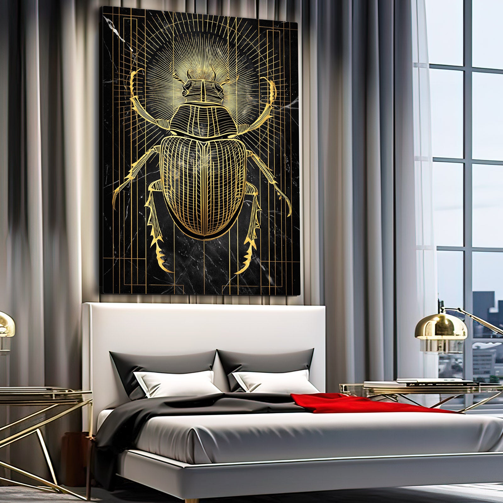 Golden Scarab Beetle Egyptian Prints – styled in a furnished interior