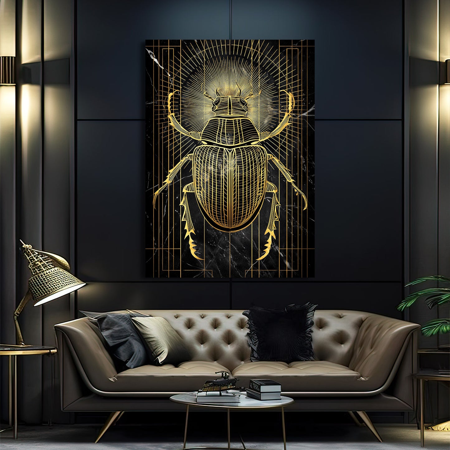 Golden Scarab Beetle Egyptian Prints – styled in a furnished interior