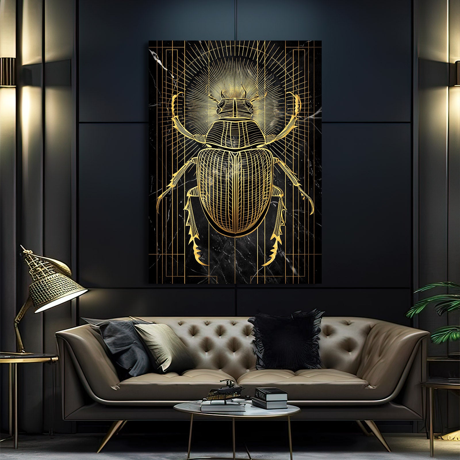 Golden Scarab Beetle Egyptian Prints – styled in a furnished interior