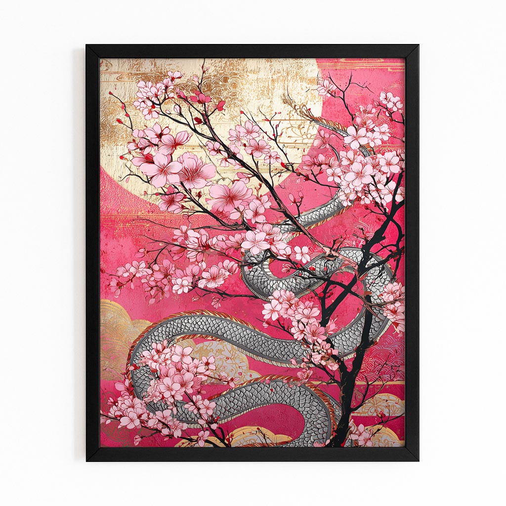 Golden Serpent Branch Cherry Blossom Art – with Premium Black frame on white background