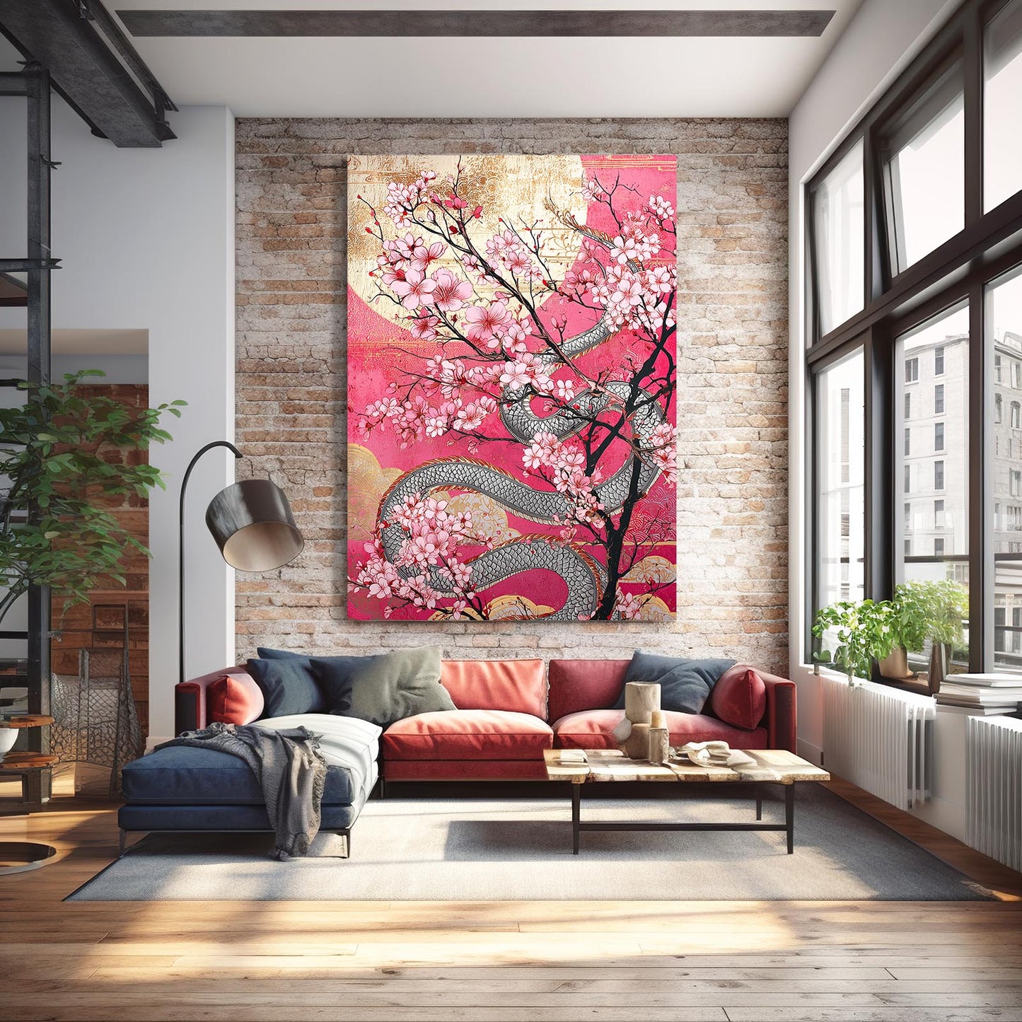 Golden Serpent Branch Cherry Blossom Art – styled in a furnished interior