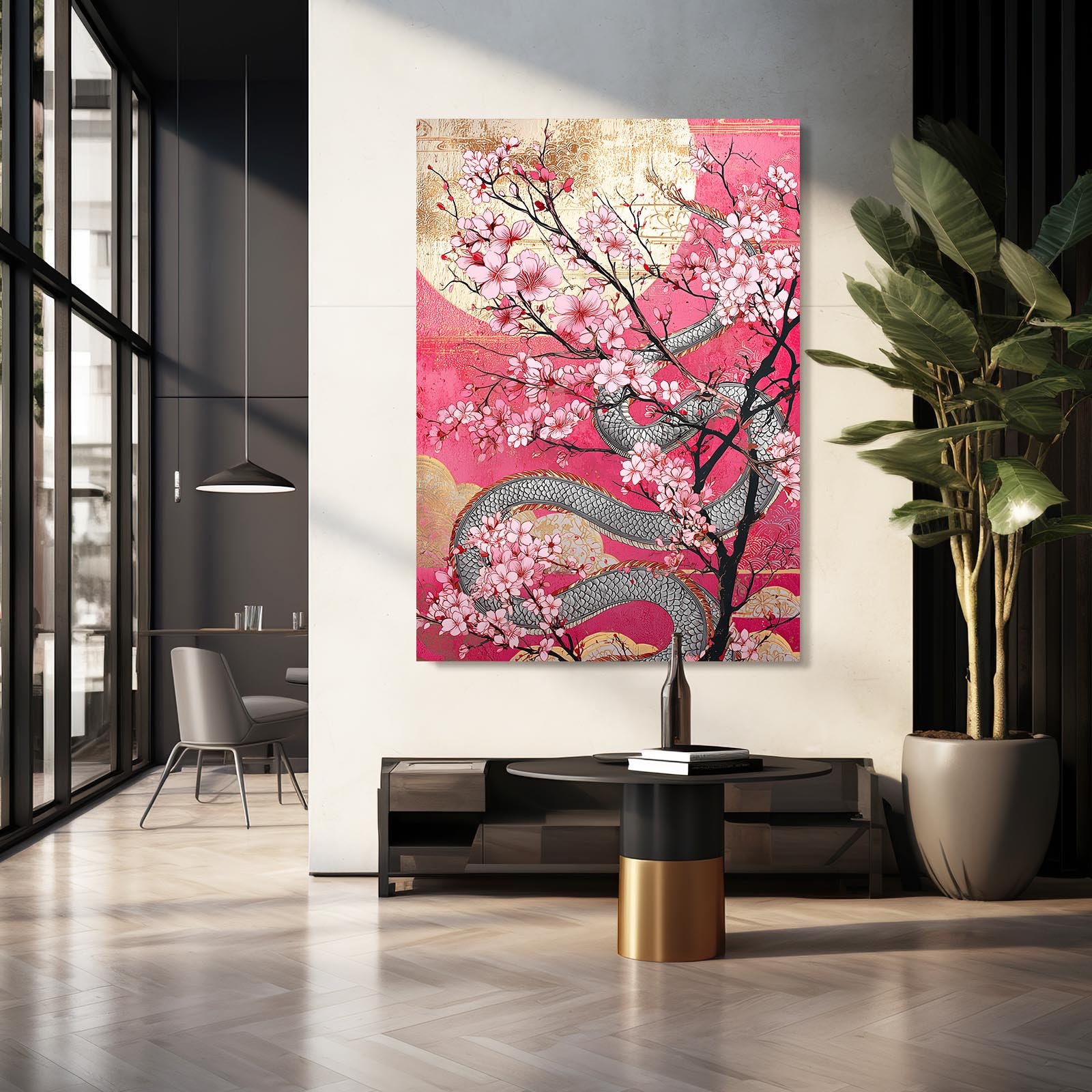 Golden Serpent Branch Cherry Blossom Art – styled in a furnished interior