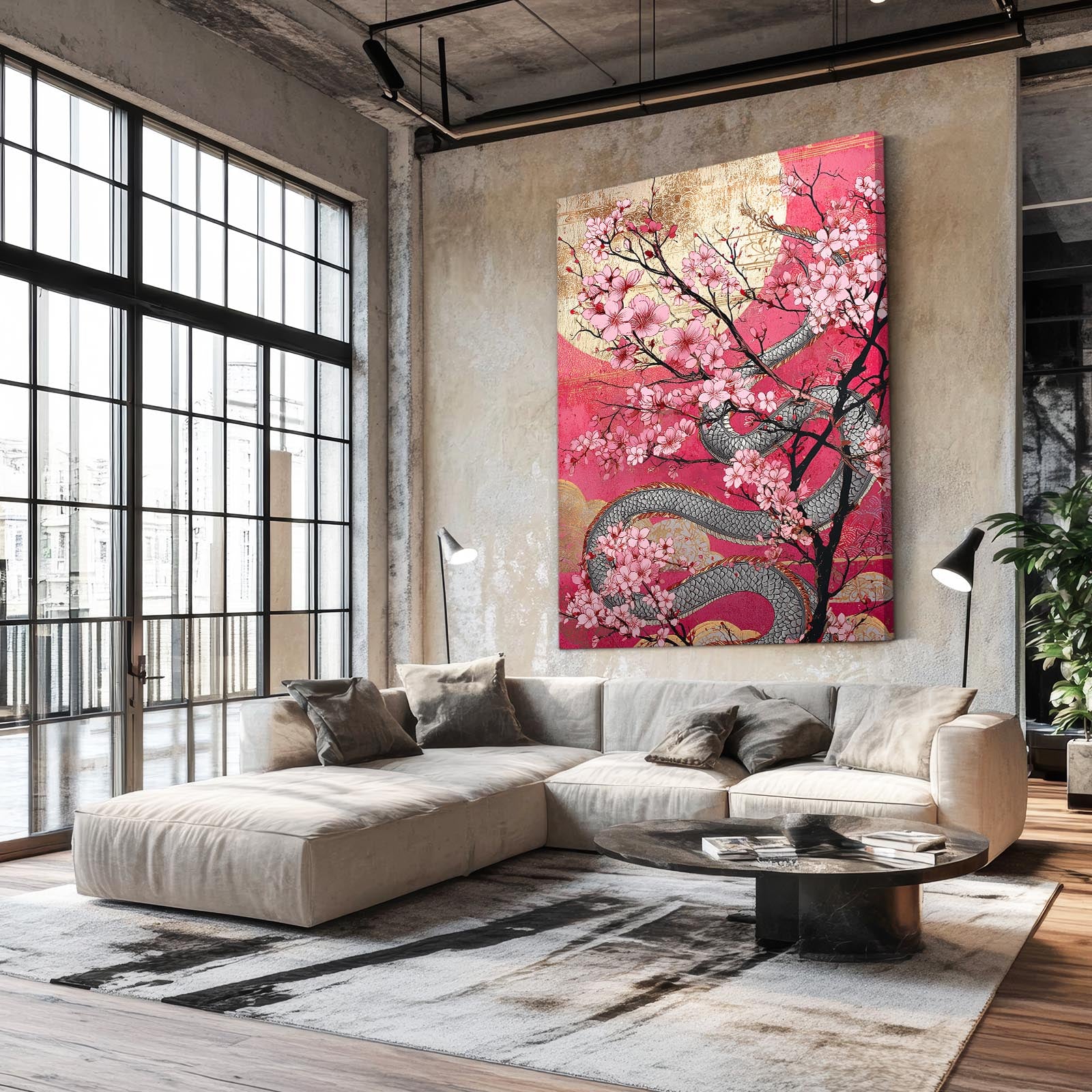 Golden Serpent Branch Cherry Blossom Art – styled in a furnished interior