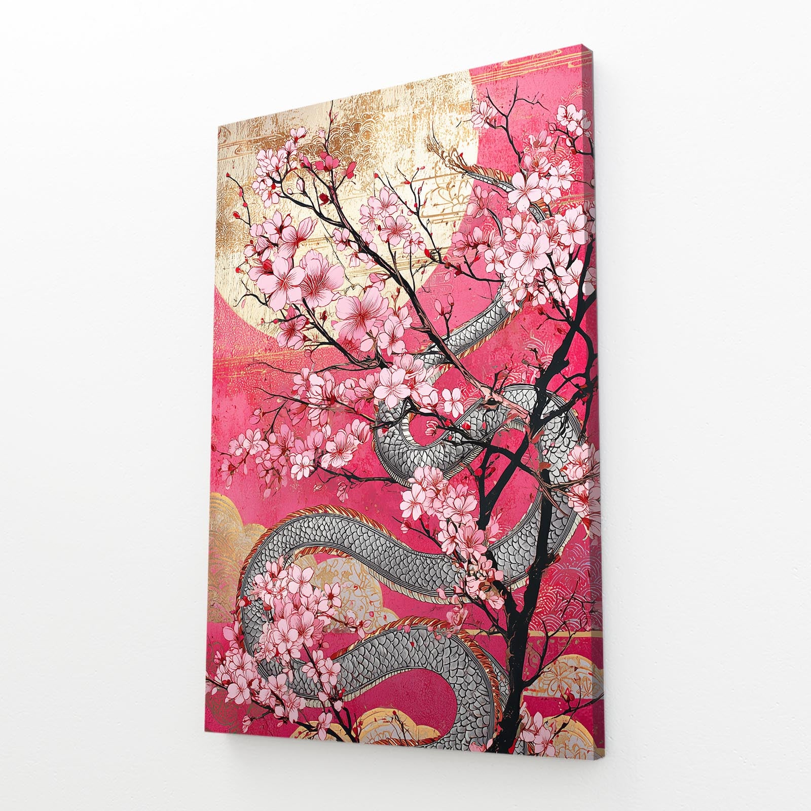 Golden Serpent Branch Cherry Blossom Art – angled canvas view on white background