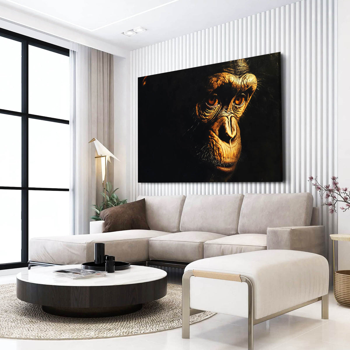 Golden Shadow Profile Monkey Prints — realism canvas print, styled in a furnished interior