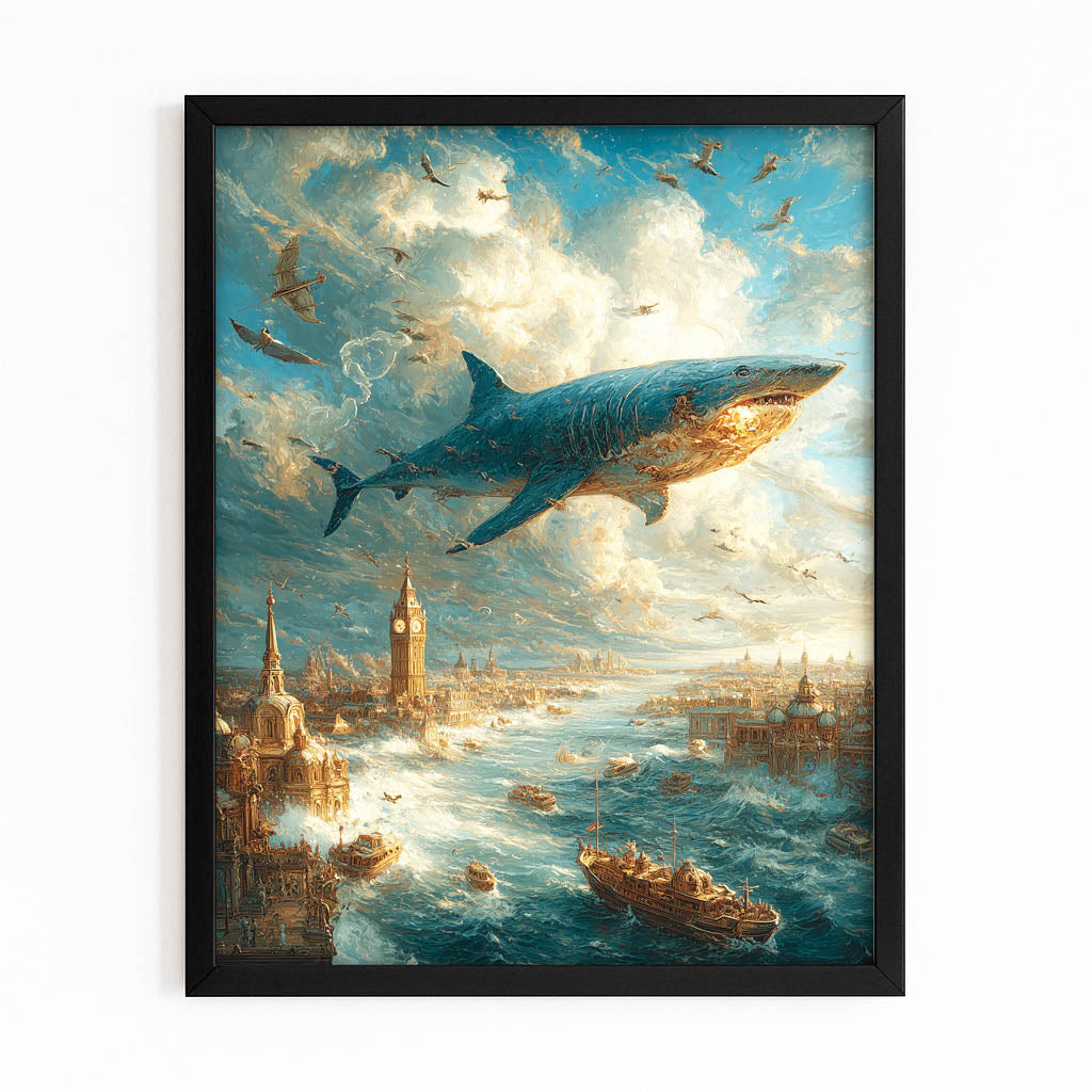 Golden Sky Armada Shark Art – with Premium Black frame on white background