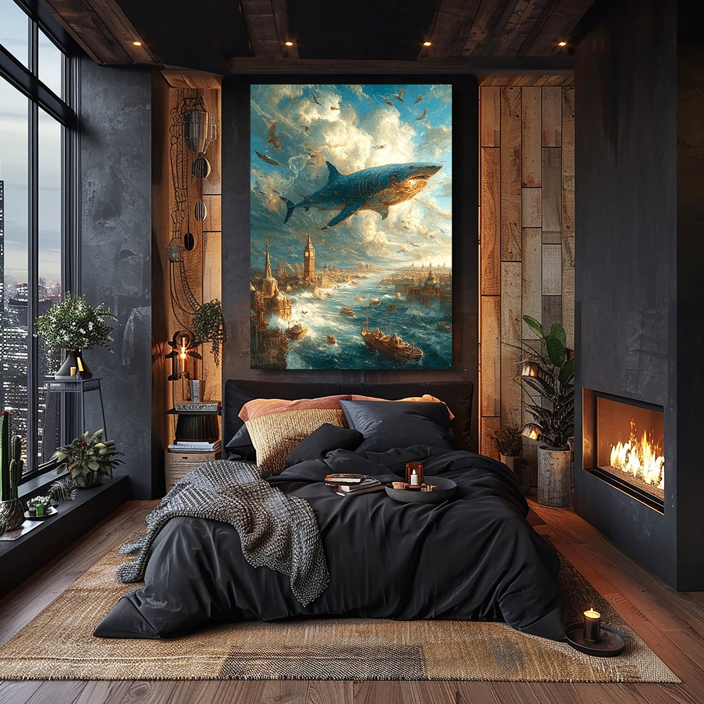 Golden Sky Armada Shark Art – styled in a furnished interior