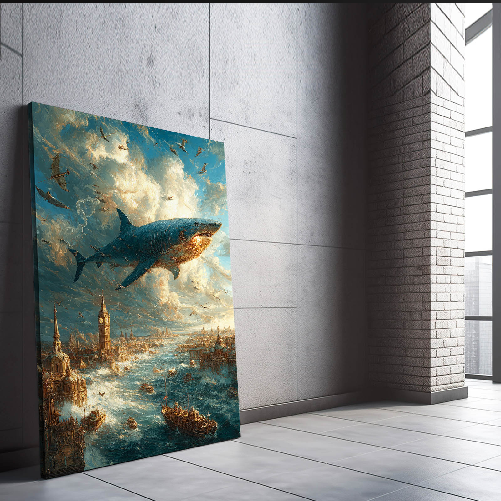Golden Sky Armada Shark Art – styled in a furnished interior