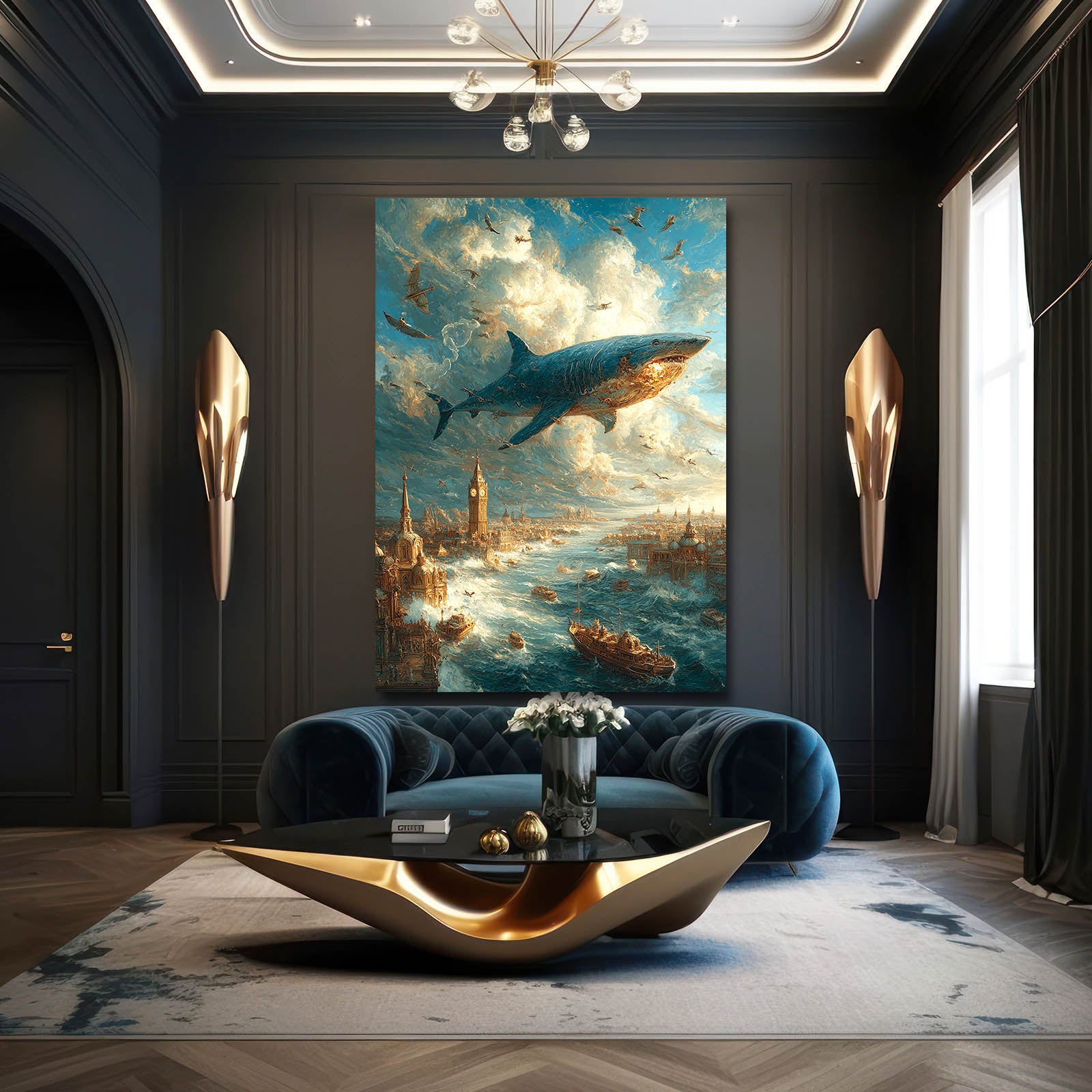 Golden Sky Armada Shark Art – styled in a furnished interior