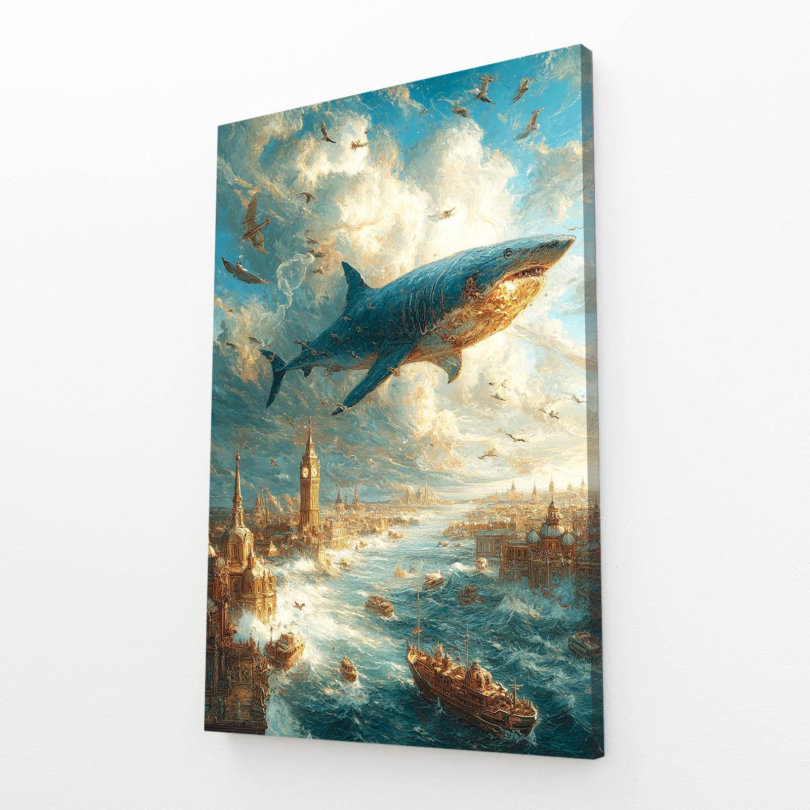 Golden Sky Armada Shark Art – angled canvas view on white background