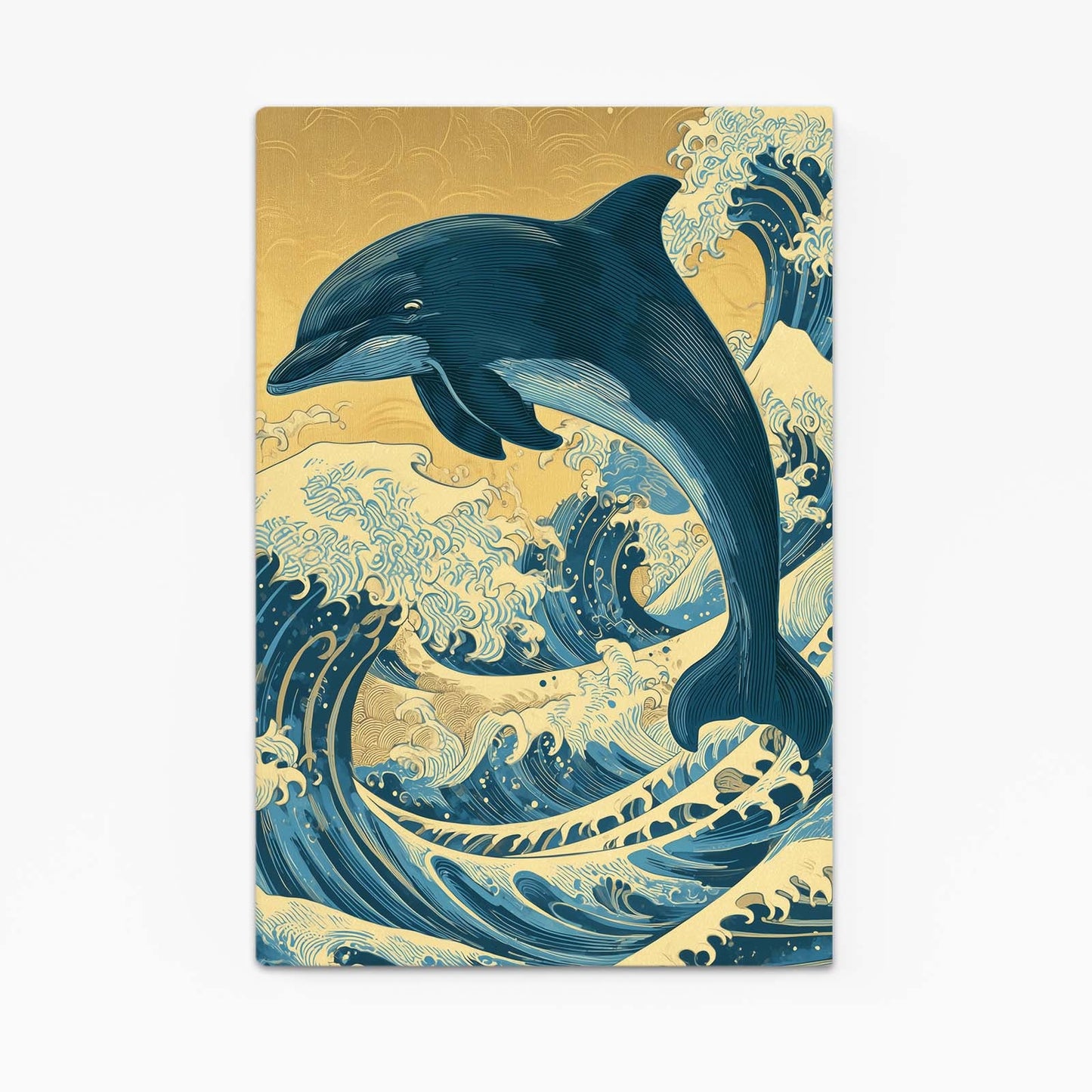 Golden Sky Wave Dolphin Art – dolphin leaping a great foaming wave under a gold-leaf sky, ukiyo-e style