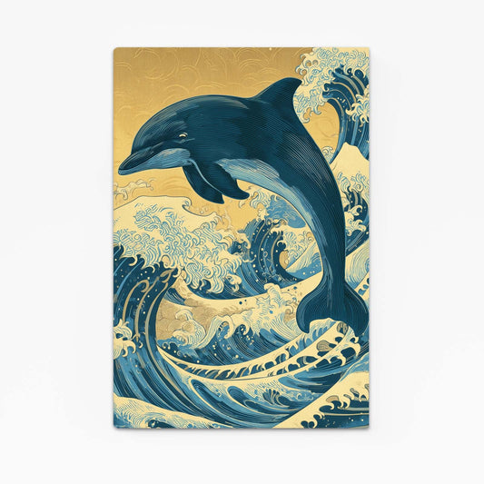 Golden Sky Wave Dolphin Art – dolphin leaping a great foaming wave under a gold-leaf sky, ukiyo-e style