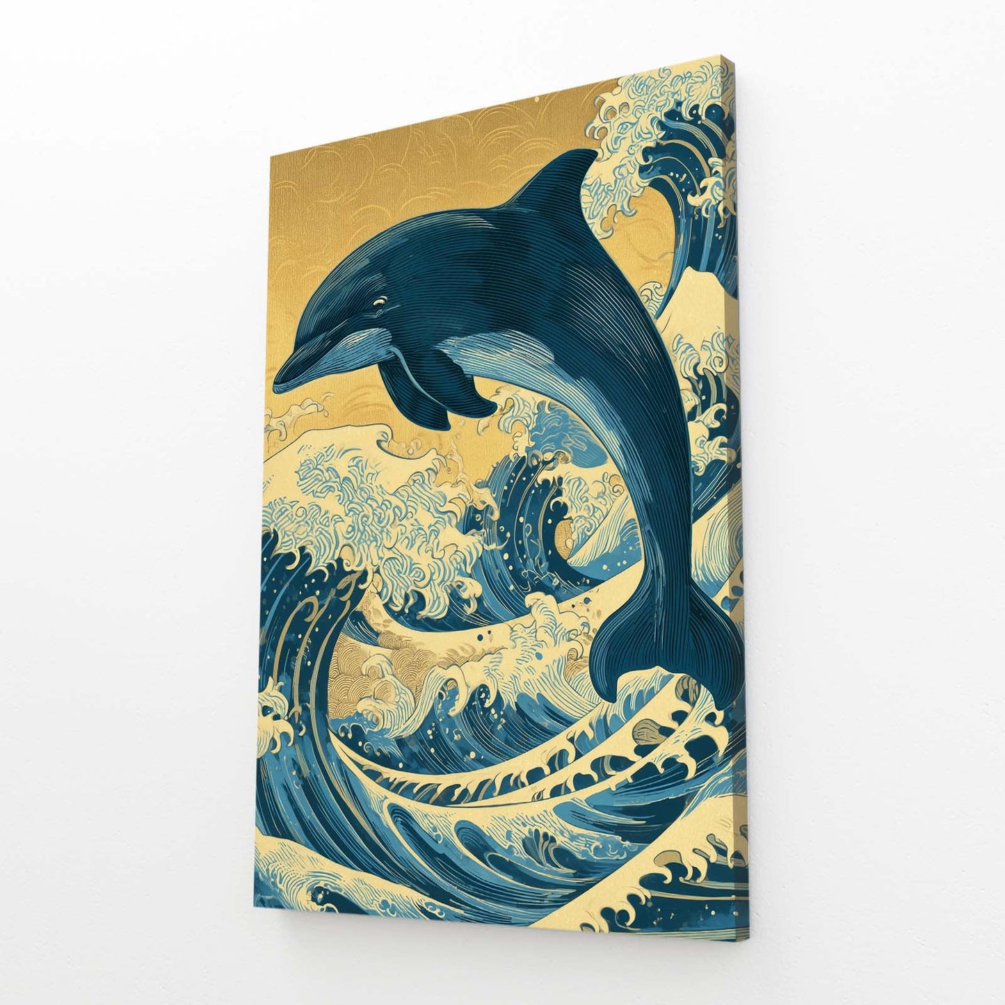 Golden Sky Wave Dolphin Art – angled canvas view on white background