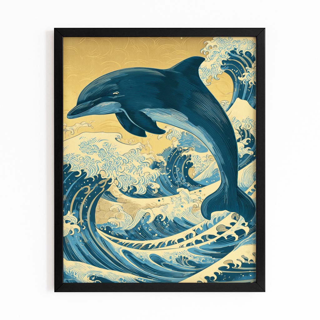 Golden Sky Wave Dolphin Art – with Premium Black wood frame on white background