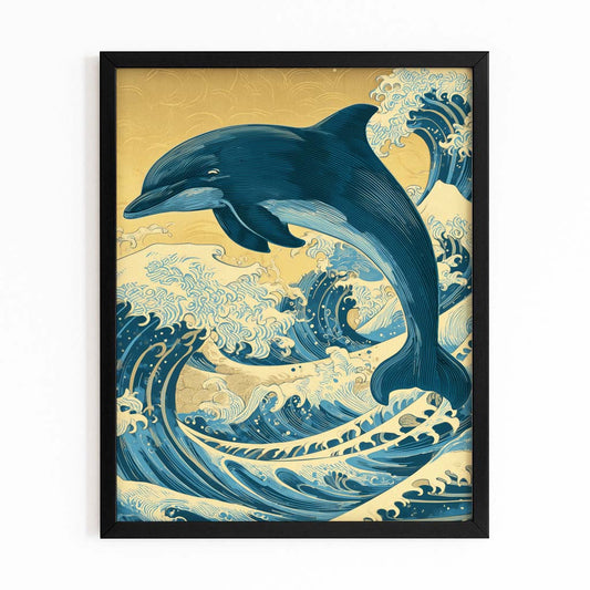 Golden Sky Wave Dolphin Art – with Premium Black wood frame on white background