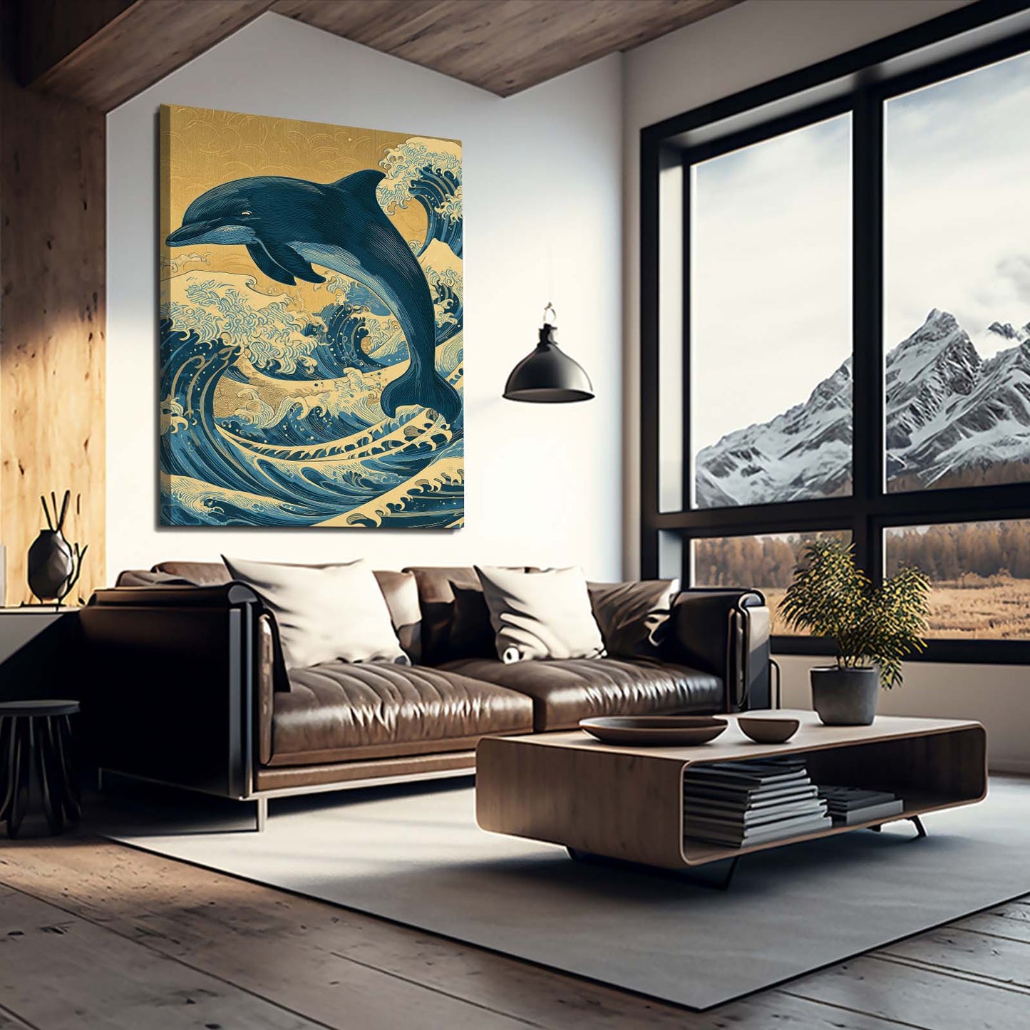 Golden Sky Wave Dolphin Art – styled in a furnished interior